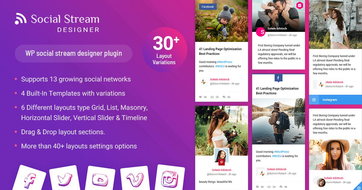 WP Social Stream Designer v1.1.9 获取社交媒体平台内容自动发布插件下载