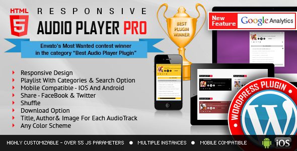 Responsive HTML5 Audio Player PRO v3.6.7 音频播放器WordPress 插件下载