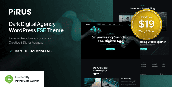 Pirus v1.0.4 – 黑暗风格数字代理 FSE WordPress 主题下载