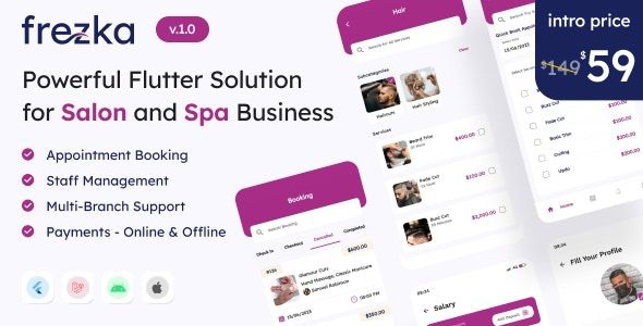 Frezka v4.3.0 适用于沙龙和水疗业务的软件源码下载 (Flutter + Laravel)