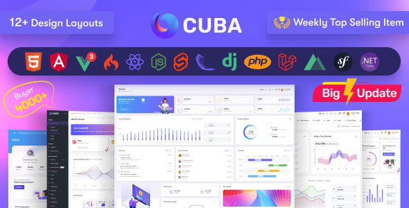 Cuba (03/08/2026) – html，react，Angular 15，Vue 3 JS，NUXT，Nodejs，ASP.NET和Laravel Admin仪表板模板源码下载