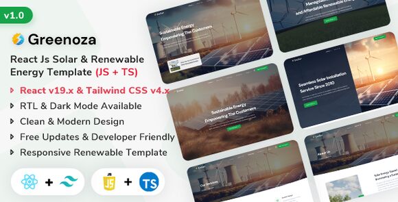 Greenoza – 基于 React.js 的太阳能与可再生能源网站模板下载
